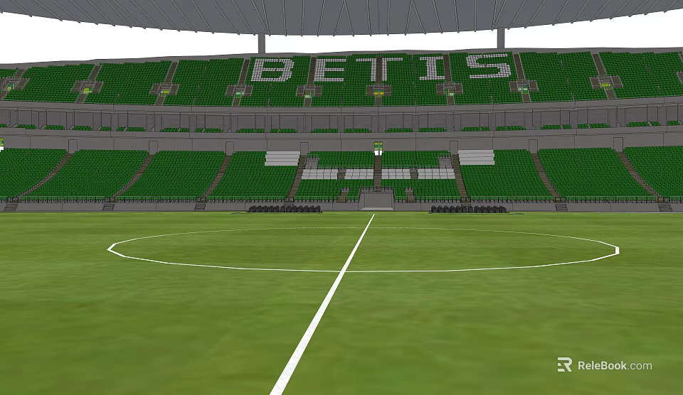 Football Stadium With Green Stands BETIS Lettering And Grass Field White Lines 3d model 