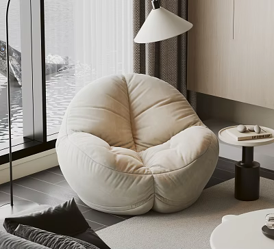 Beige Modern Bean Bag Chair In Cozy Living Room With Floor Lamp And Small Table 3d model