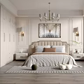Neutral Tones Bedroom Interior With Upholstered Headboard Bed Chandelier Decorative Painting And Wooden Flooring