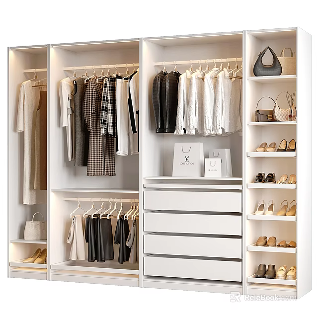 Modern White Closet Interior With Hanging Clothes Drawers Shoes And Bags Storage 3d model 