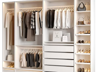 Modern White Closet Interior With Hanging Clothes Drawers Shoes And Bags Storage 3d model