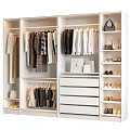 Modern White Closet Interior With Hanging Clothes Drawers Shoes And Bags Storage