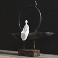 Decorative Ornament Set Featuring White Buddha Statue Stone Base Metal Ring And Smoke