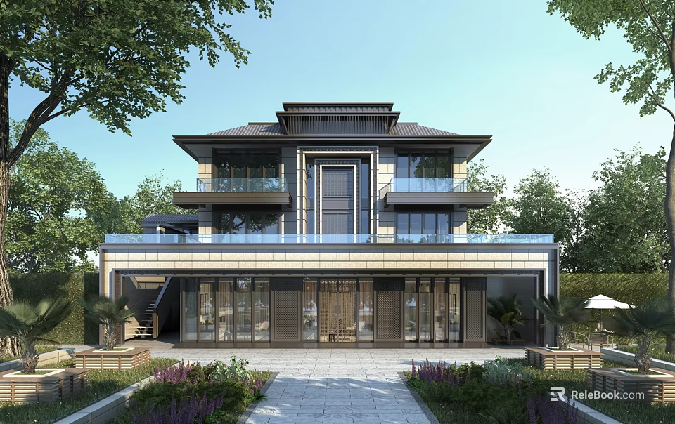 Modern Chinese Style Detached Villa Exterior With Two Story Structure And Lush Greenery 3d model 
