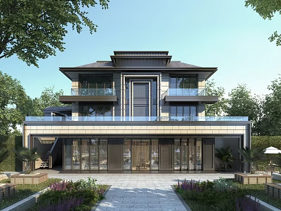 Modern Chinese Style Detached Villa Exterior With Two Story Structure And Lush Greenery 3d model
