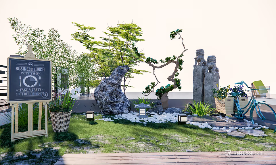 Zen Karesansui Garden Design With Raked Gravel Rocks And Mossy Trees 3d model 