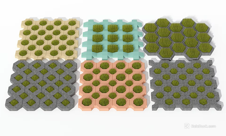 Colorful Interlocking Grass Pavers In Hexagonal And Square Patterns With Multiple Outdoor Colors 3d model 