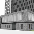 Modern Office Building Featuring Stone Facade Glass Curtain Wall Entrance Columns And Front Lawn