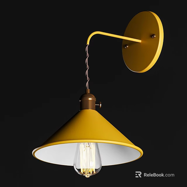Yellow Curved Arm Wall Light with Conical Shade and Exposed Bulb 3d model 