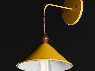 Yellow Curved Arm Wall Light with Conical Shade and Exposed Bulb 3d model
