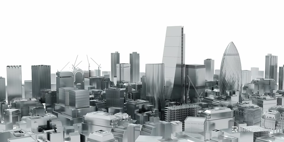 Modern Urban City Skyline With Tall Skyscrapers And Construction Cranes 3d model 