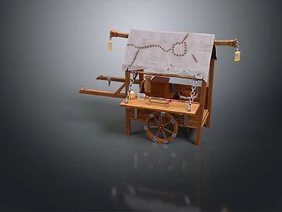 Wooden Mobile Vendor Cart With Canvas Awning Hanging Lanterns And Wheels 3d model