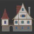 Cartoon Fairy Tale Cottage With Red Tiled Roofs White Walls And Pointed Towers
