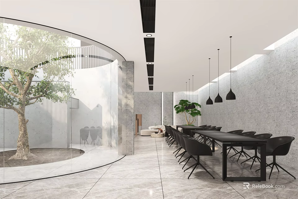 Modern Open Plan Lounge Area Interior With Sofa Coffee Table And Pendant Lights 3d model