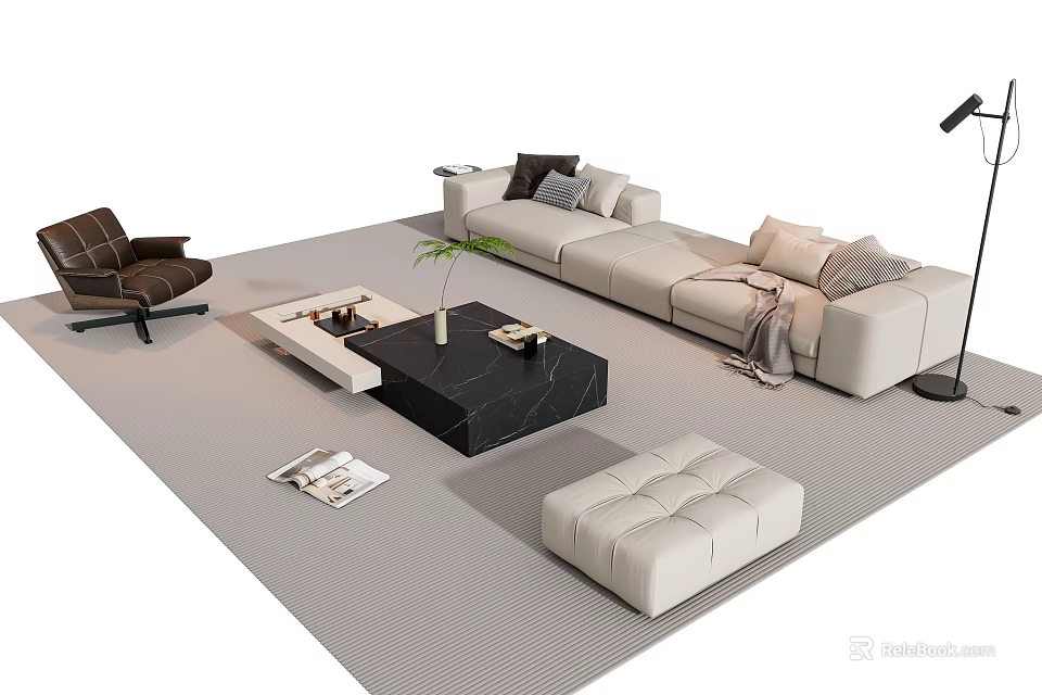Modern Beige L Shaped Sofa and Black Coffee Table Set with Ottoman Green Plant and Pillows 3d model 