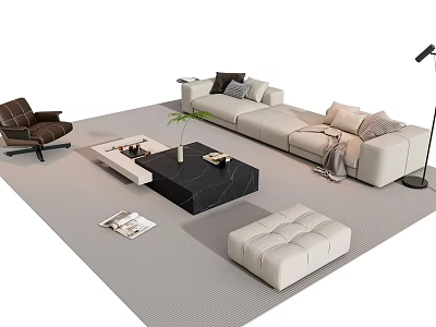Modern Beige L Shaped Sofa and Black Coffee Table Set with Ottoman Green Plant and Pillows 3d model