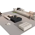 Modern Beige L Shaped Sofa and Black Coffee Table Set with Ottoman Green Plant and Pillows