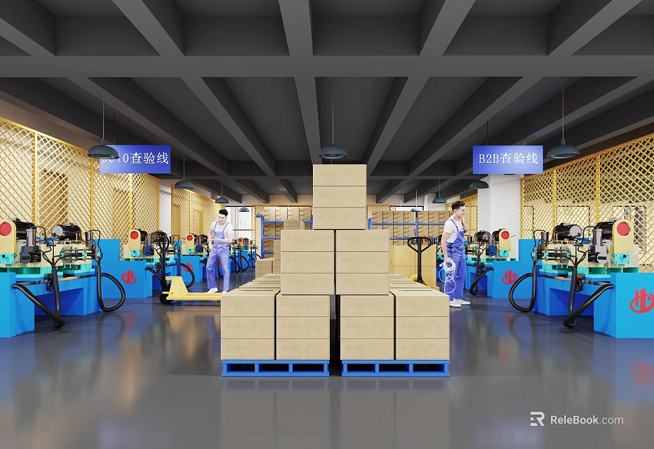 Industrial Factory Interior Featuring Workers Operating Blue Machinery And Stacked Cardboard Boxes 3d model 