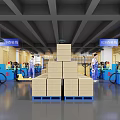 Industrial Factory Interior Featuring Workers Operating Blue Machinery And Stacked Cardboard Boxes