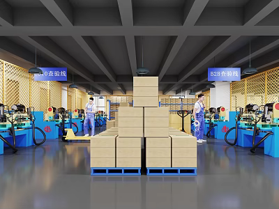Industrial Factory Interior Featuring Workers Operating Blue Machinery And Stacked Cardboard Boxes 3d model