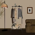 Modern Rolling Clothes Rack With Hanging Clothes And Storage Basket In Cozy Living Room