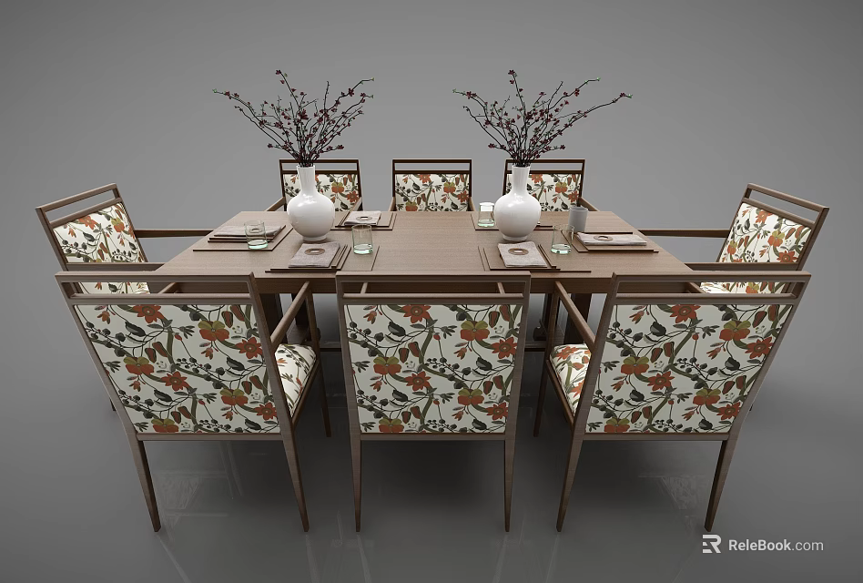 Wooden Dining Table Set With Six Floral Patterned Chairs And White Vases 3d model