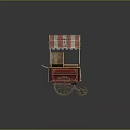 Red Vintage Food Cart With Striped Awning And Wooden Wheels On Brick Pavement