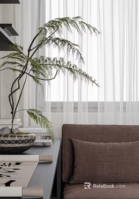 Modern Tea Table And Chairs With Green Plant White Curtains And Cozy Sofa 3d model 