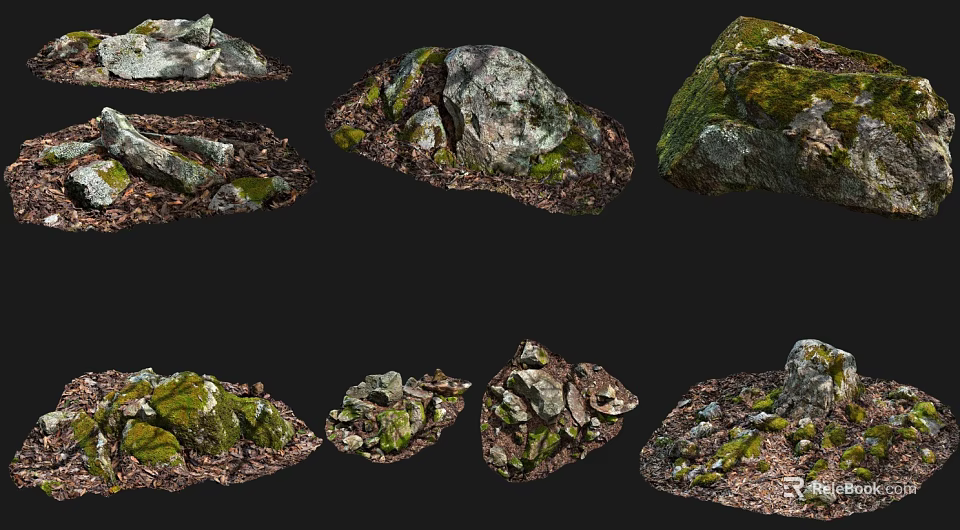 Natural Stone Decor Pieces With Wood Base And Mossy Texture For Rustic Design 3d model