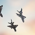 Three Different Colored Fighter Jets Flying in Sunset Sky with White Orange Camouflage