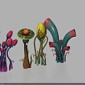 Colorful Unique Shaped Decorative Plants With Red Purple Green Stems And Trumpet Like Structures