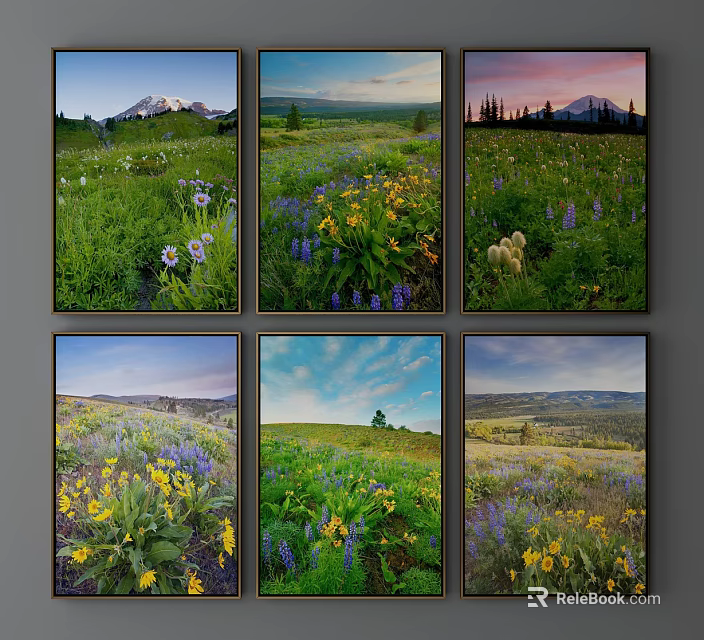 Scenic Landscape Paintings Featuring Wildflower Meadow Mountain And Colorful Sky Views 3d model 