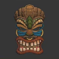 Tiki Mask Inspired Hat With Feather Accents And Colorful Carved Details