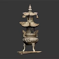 Traditional Multi tiered Pagoda Ornament Set With Carved Details And Bells On Hexagonal Base