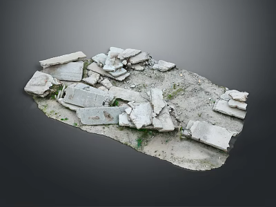 Scattered Broken Concrete Debris On Ground With Sparse Green Weeds 3d model