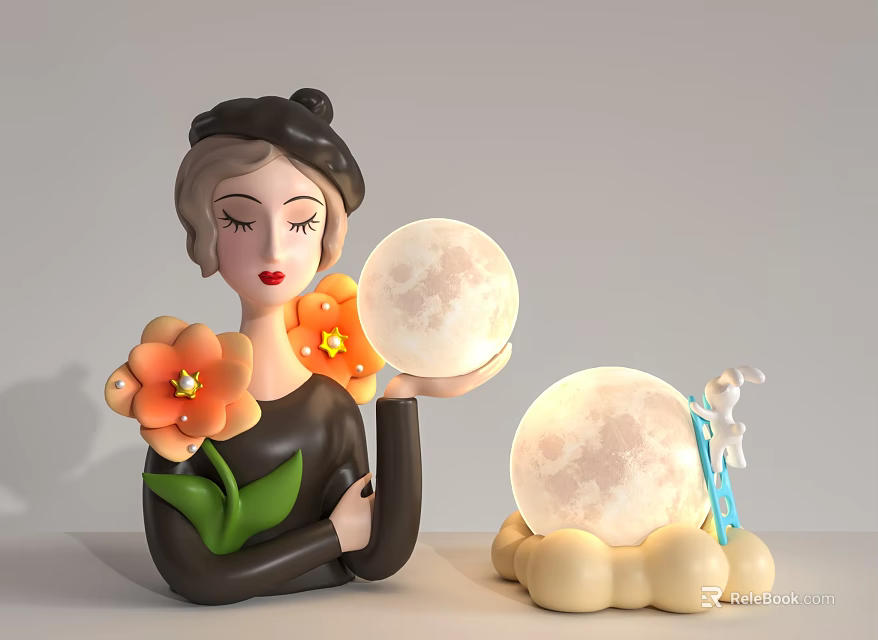 Creative Moon Table Lamp With Cloud Base Rabbit Climbing Ladder And Flower Decor Figurine 3d model