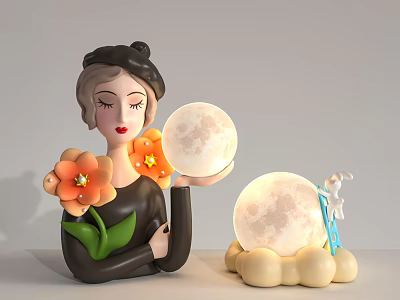Creative Moon Table Lamp With Cloud Base Rabbit Climbing Ladder And Flower Decor Figurine 3d model