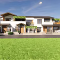Modern Bed and Breakfast Building With Greenery Covered Balconies Outdoor Seating and Twilight Sky View