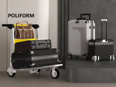 Stylish Luggage Display Featuring Stacked Suitcases On Cart And Standalone Designs 3d model