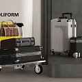 Stylish Luggage Display Featuring Stacked Suitcases On Cart And Standalone Designs