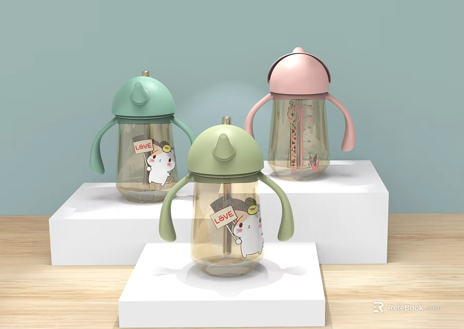 Three Green Pink Cartoon Water Bottle Decorative Set On White Display Stands With Wooden Tabletop 3d model 