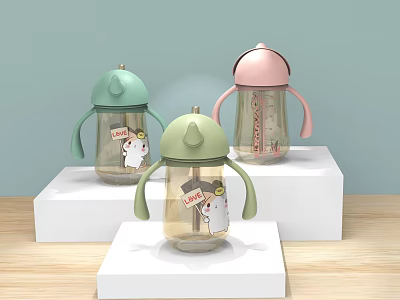 Three Green Pink Cartoon Water Bottle Decorative Set On White Display Stands With Wooden Tabletop 3d model