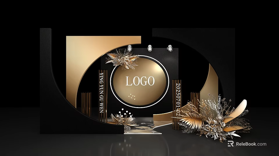 Elegant Golden Black Photo Check In Spot With Circular Logo Frame And Decorative Leaves 3d model 