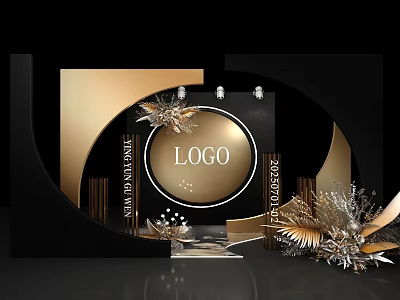 Elegant Golden Black Photo Check In Spot With Circular Logo Frame And Decorative Leaves 3d model