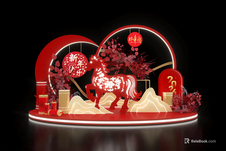 Red New Year Photo Check-in Spot With Horse Sculpture Lanterns Plum Blossoms And 2024 3d model 