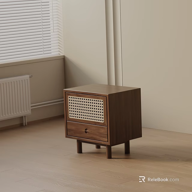 Minimalist Walnut Bedside Table With Rattan Panel Drawer And Wooden Legs 3d model 