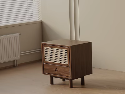 Minimalist Walnut Bedside Table With Rattan Panel Drawer And Wooden Legs 3d model
