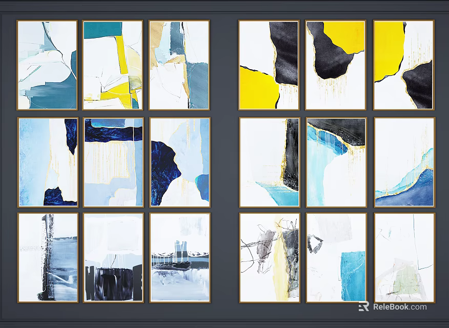 Abstract Paintings With Blue Yellow Black White Hues In Grid Wall 3d model 