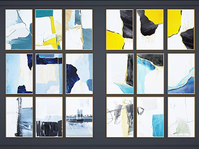 Abstract Paintings With Blue Yellow Black White Hues In Grid Wall 3d model