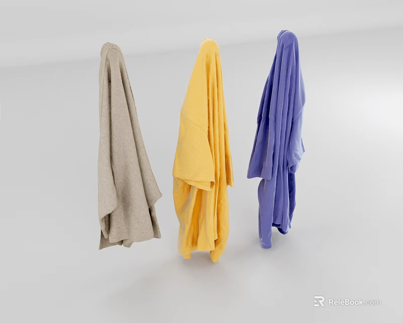Three Different Colored Clothes Hanging in Gray Yellow Blue on White Background 3d model 